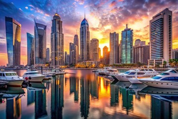 Obraz premium Capture Dubai Marina's dusk magic: stunning skyline, yacht-filled waters, unforgettable photos.