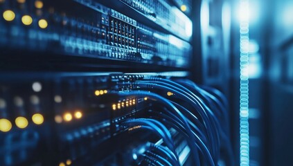 Data Center Network Infrastructure: Server Room with Cables and Equipment