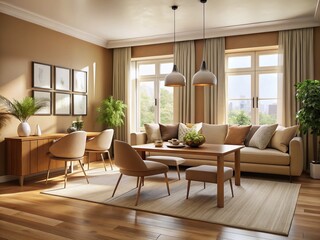 Fototapeta premium Cozy Beige Living Room with Dining Area and Relaxing Window Seat - Stock Photo
