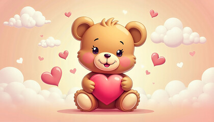 Cute teddy bear holding a heart with pink clouds