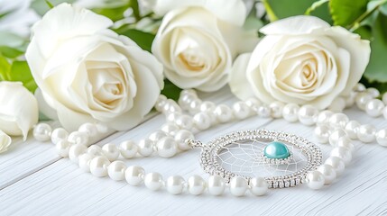 Elegant Pearl Necklace with Dreamcatcher Pendant and White Roses