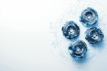 architectural background with blueprint rolls and technical drawings, flat view , isolated on white background,  , copy space for text,