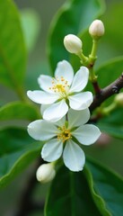 Naklejka premium Delicate white blooms unfolding on coffee tree branches, white coffee flowers, blooming