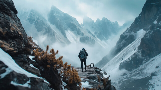 Solo Explorer in a Majestic Snow-Capped Mountain Landscape