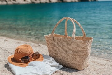 A serene summer beach scene with a stylish straw bag, fashionable sun hat, and trendy sunglasses on soft white fabric, inviting a refreshing day of relaxation and adventure in the sun