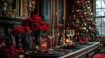 Fototapeta premium An opulent Christmas table setting features red roses, candles, and fine china, with a decorated Christmas tree in the background, creating a festive, luxurious atmosphere.