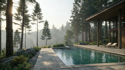 Fototapeta premium tranquil pool surrounded by tall trees, nature sounds, peaceful ambiance, calm waters, reflection, towering foliage