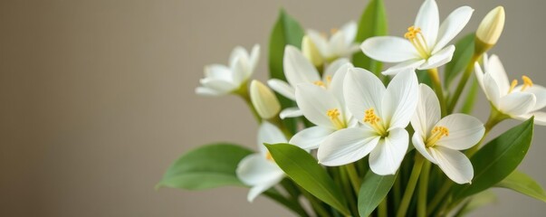 Obraz premium A natural arrangement of white flowers and beige leaves in a vase, leaves, greenery, beige