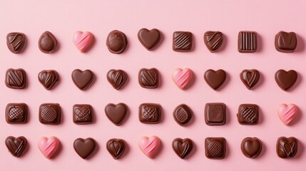 Fototapeta premium A Symphony of Hearts: A Delightful Collection of Exquisite Chocolate Hearts, Beautifully Displayed on a Pastel Pink Surface, Creating a Scene of Pure Romance and Sweet Indulgence