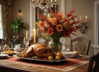 Turkey centerpiece on a beautifully decorated dining room table, fall decorations, dining room decor,