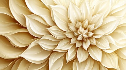Detailed close up view of a large, stylized flower with intricate, layered petals. The petals are a light beige or cream color, and have a textured