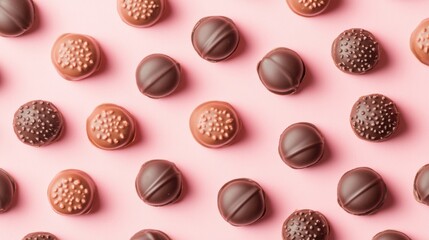 A Symphony of Hearts: A Delightful Collection of Exquisite Chocolate Hearts, Beautifully Displayed on a Pastel Pink Surface, Creating a Scene of Pure Romance and Sweet Indulgence