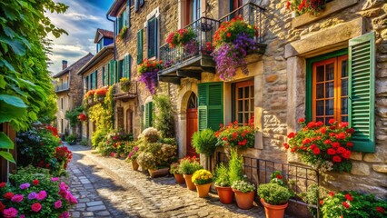 Fototapeta premium Charming European Townhouses with Blooming Balconies - Picturesque Street Scene