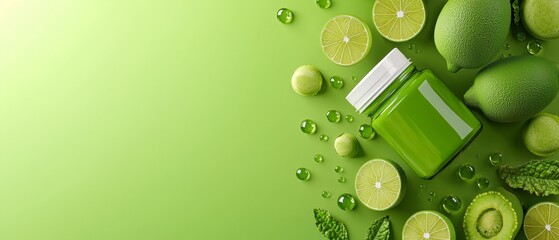 A vibrant green layout featuring avocados, lime slices, and a jar, symbolizing freshness and natural ingredients.