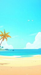 Obraz premium Tranquil tropical beach scene with palm trees and seagulls under a clear blue sky