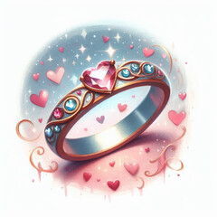 ring with pink stone heart crystal  vector illustration