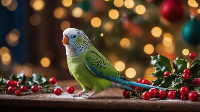 Colorful parakeet perched on a festive table with holiday decorations and blurred lights