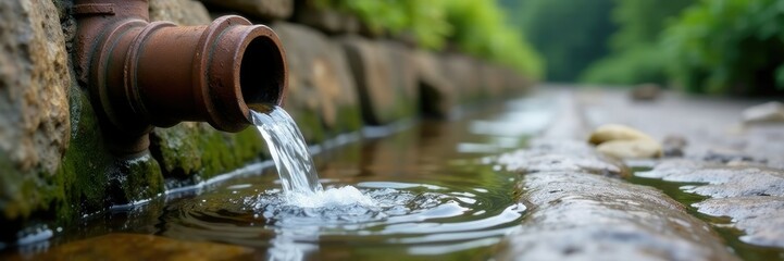 A small stream of water coming out of a pipe on a stone floor, stone floor, pipe