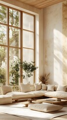 A Scandinavian-inspired living room with light wood furniture, plush cushions, and a large window