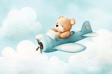 watercolor clipart of a teddy bear flying a toy airplane, designed with soft pastel tones and a whimsical touch. Perfect for baby showers, birth announcements, birthday parties,  newborn celebration
