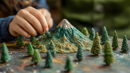 Birds Eye View. A child creating a mini replica of Mount Fuji using clay, surrounded by toy pine trees