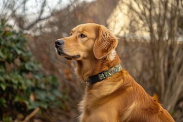 Obraz premium a portrait of a golden retriever captures the loyal and loving expression of this breed, framed against a soft, blurred outdoor setting that highlights its charm