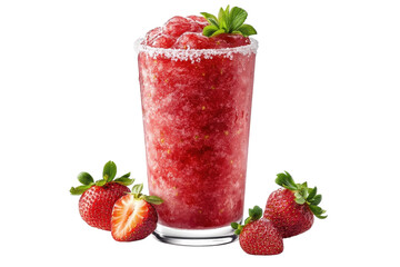 Icy Strawberry Margarita Slushie in a Tall Glass with Lime Isolated on Transparent Background