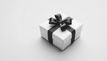 Obraz premium A white gift box with a black ribbon and bow on a plain light gray background. Simple and elegant gift wrapping. Perfect for e commerce, marketing