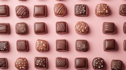 Fototapeta premium A Symphony of Hearts: A Delightful Collection of Exquisite Chocolate Hearts, Beautifully Displayed on a Pastel Pink Surface, Creating a Scene of Pure Romance and Sweet Indulgence