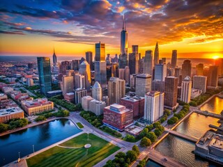 Fototapeta premium Chicago Sunrise Aerial Drone 4K - Low Light Cityscape