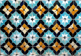 Old Islamic tiles (also known as zellige or azulejos) with traditional geometric patterns decorating a wall of the Nasrid Palaces inside the Alhambra