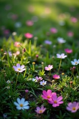 Fototapeta premium Forget me not flowers scattered on the ground, scattered flowers, wildflowers
