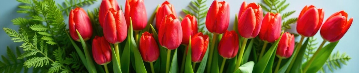 Fototapeta premium Freshly picked bunch of red tulips and green ferns, fresh, spring