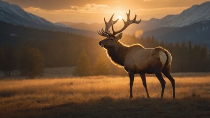 Majestic elk silhouetted against a stunning sunset in a serene mountain landscape