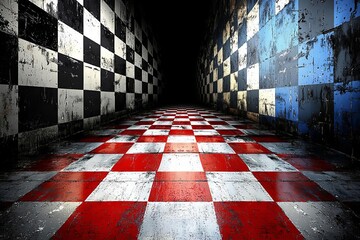 Pop art checkered racing flag on stylish metallic red, white, and blue background , isolated on white background,  , copy space for text,