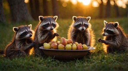 Obraz premium Four raccoons gathered around a bowl of apples at sunset in a forest setting
