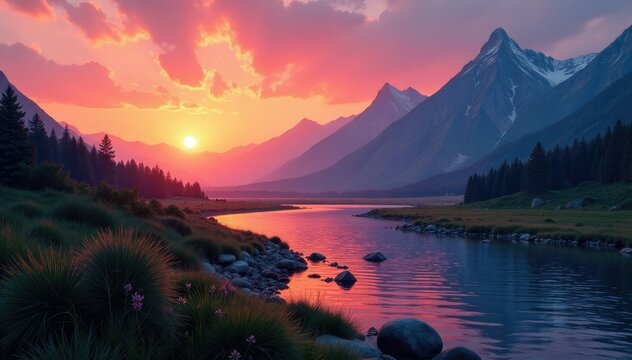Gentle sunset over a mountain range with a river, nature, mountain range, river