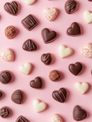 Fototapeta premium A Symphony of Hearts: A Delightful Collection of Exquisite Chocolate Hearts, Beautifully Displayed on a Pastel Pink Surface, Creating a Scene of Pure Romance and Sweet Indulgence
