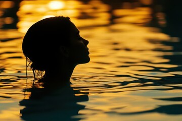 a serene silhouette of a woman lounging in a calm swimming pool, bathed in warm golden hues of a stunning sunset, reflecting tranquility and relaxation