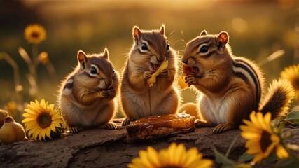 Fototapeta premium Three chipmunks enjoying a snack on a sunny day surrounded by vibrant sunflowers