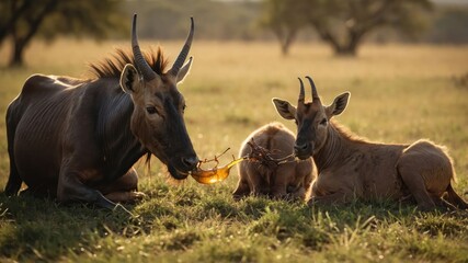 Obraz premium Two wildebeests resting in a sunlit savannah, showcasing a peaceful moment in nature