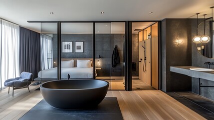 A modern bedroom with an open-plan bathroom featuring a sleek freestanding tub for a relaxing spa-like experience.

