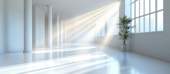 Sunlight filters through pillars in a lengthy bright hallway with copyspace for text , isolated on white background,  , copy space for text,