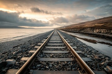 Fototapeta premium a solitary railway track disappearing into a stark landscape of rocks and water, emphasizing isolation and journey, with dramatic lighting and a sense of endless possibility on the horizon