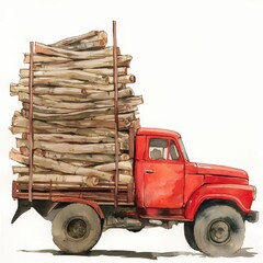Rustic Red Truck Loaded with Stacked Firewood Logs Watercolor Painting