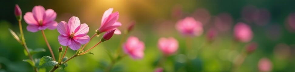 Fototapeta premium Pink Evening Primrose stem with tiny white flowers in the garden, botany, flowers, pink flowers