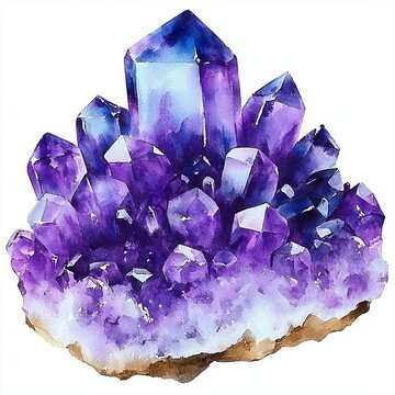 Watercolor purple crystal amethyst cluster hand drawn painting illustration isolated on white background tanzanit gem stones for design fashion advertising