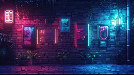 Fototapeta premium Neon Signs Illuminate Cyberpunk Brick Wall Alleyway