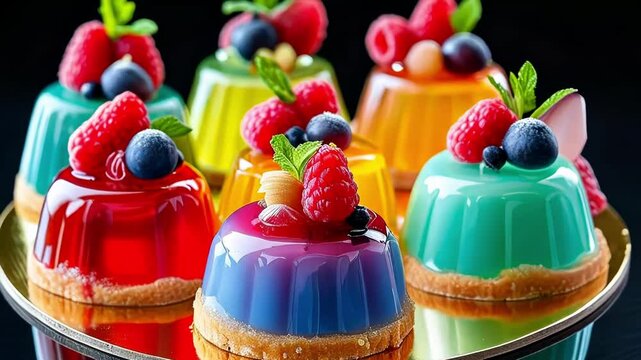 Vibrant jello desserts topped with fresh berries on a stylish plate.