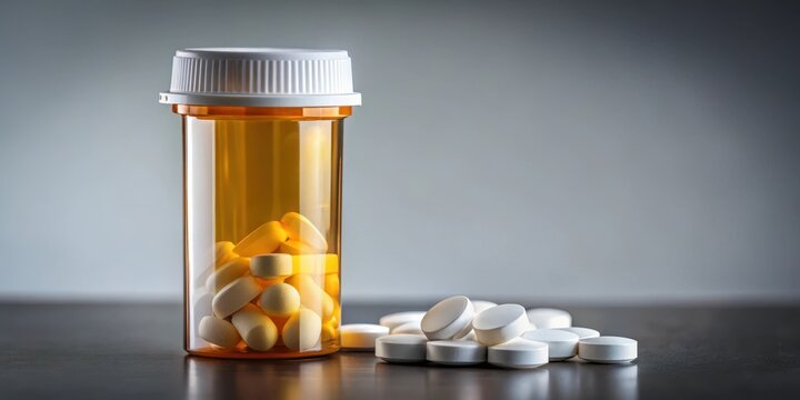 A prescription medication bottle with a label displaying the name naltrexone and containing white pills on a gray background, with a subtle gradient effect, medical treatment, pharmaceuticals